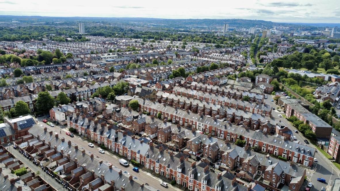 Aerial view over the terraced streets of Jesmond towards Newcastle city centre